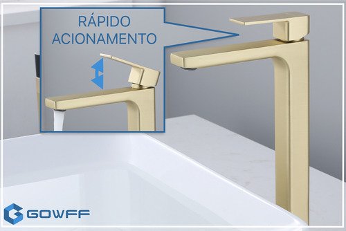 Torneira Água Fria em Metal Dourado Fosco Quadrada Alta de Bancada - 8