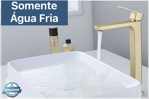 Torneira Água Fria em Metal Dourado Fosco Quadrada Alta de Bancada - 2