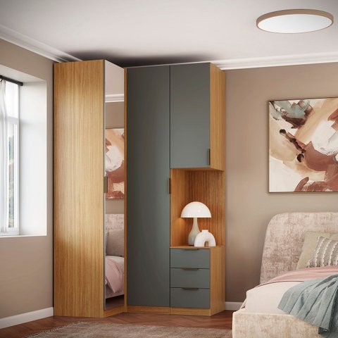 Guarda Roupa de Canto 2 Portas 1 Espelho com Mesa de Cabeceira Altezza Clean:freijó/titânio