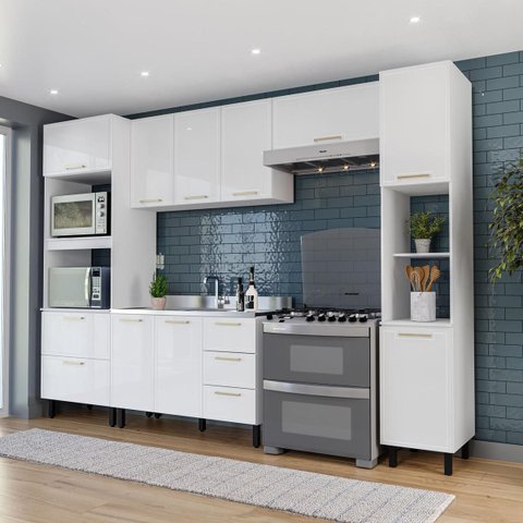 Cozinha Amara 5 Peças 310x224,5cm Armários Aéreos Torre Quente Paneleiro Balcão Branco 250080