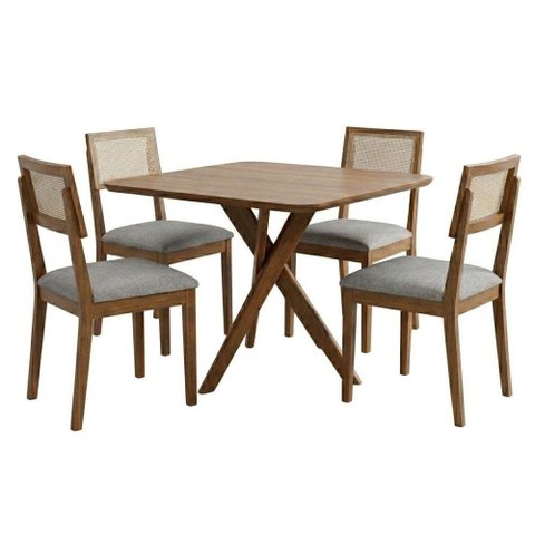 Mesa de Jantar Cacau com 4 Cadeiras Estofadas Encanto Linho Cinza Ornar
