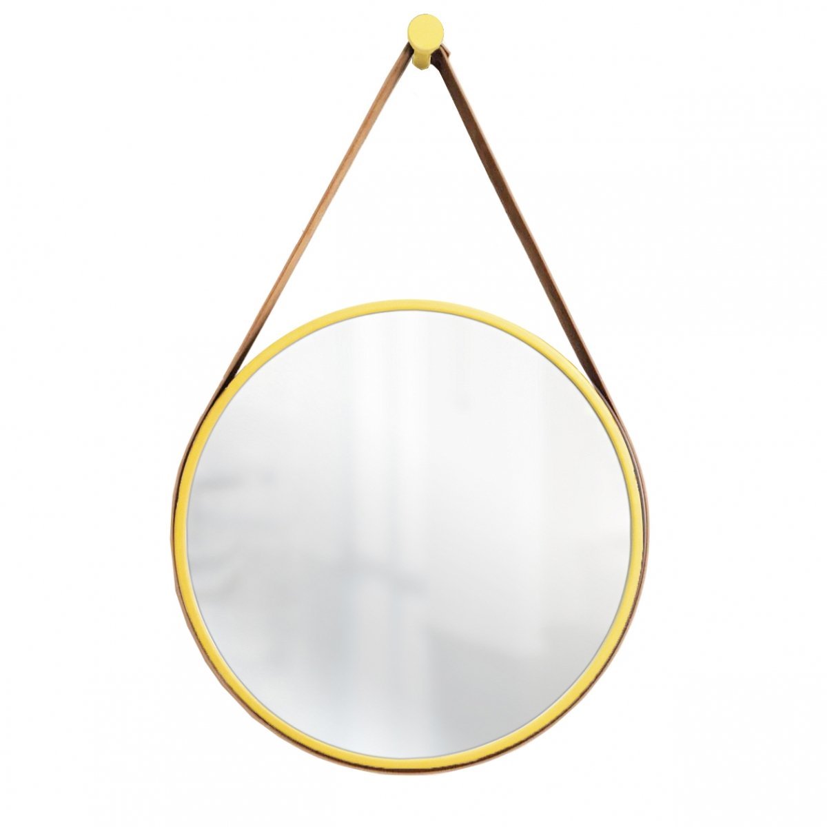 Espelho Decorativo Adnet Amarelo Alça Corino Café 50cm Redondo - 1