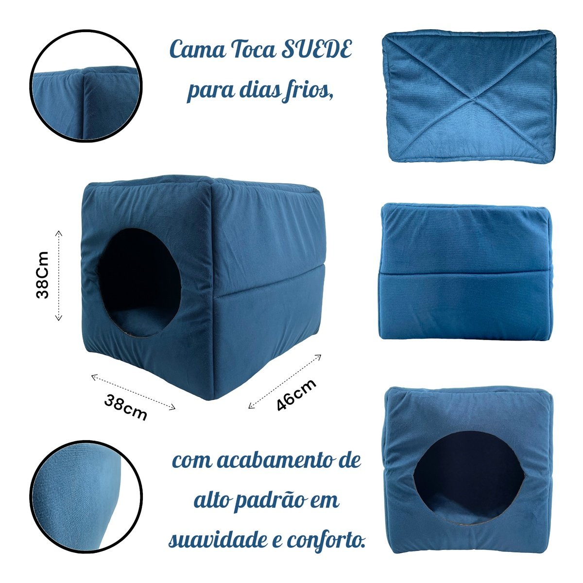 Cama Toca Iglu 3 em 1 Suede Cachorro e Gato Frio Quente Pet Tamanho G - Azul - 3