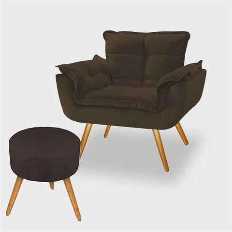Conjunto Poltrona Decorativa Opala e Puff Redondo Pés Palito Suede Marrom UlissesDecor