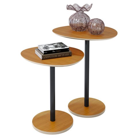 Conjunto Mesa Lateral em Mdf com Pé de Aço - Conjunto com 2 Mesas Cedro/off White