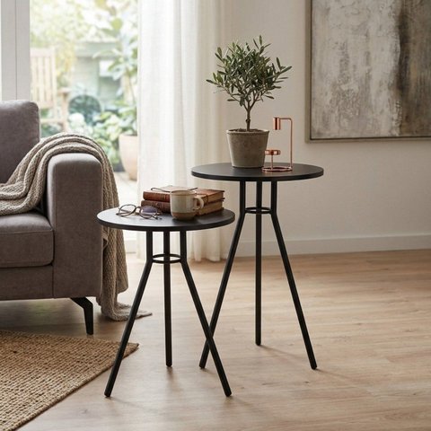 Mesa Lateral Malta Preta Moderna em MDF e Aço para Sala e Quarto