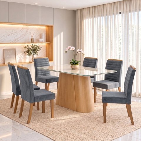 Conjunto Sala de Jantar Mesa Olivia 160cm Tampo MDF e Vidro Canto Arredondado 6 Cadeiras Tainá