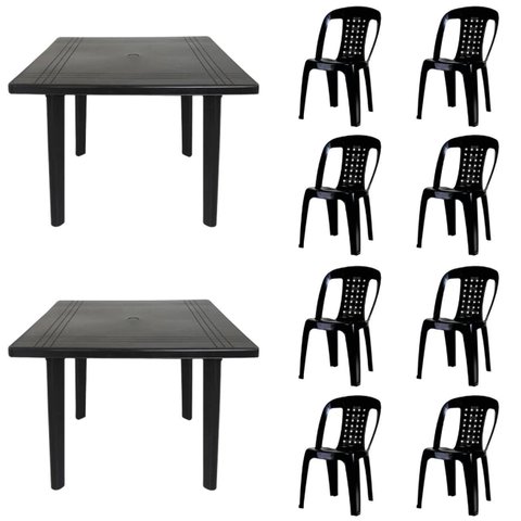 2 Mesas Quadradas Desmontáveis de Plástico 90cm Preta + 8 Cadeiras Vime Empilhável
