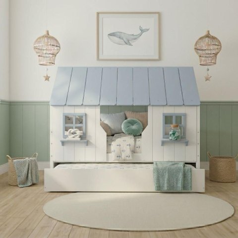 Bicama Infantil Casinha Encantada Madeira Maciça Branco/ Azul Housin