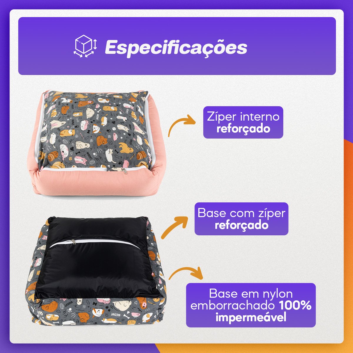 Cama de Cachorro Impermeável com Zíper Pandora 63x63 Aumigos Rose - 4