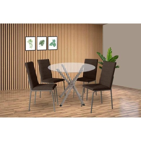 Sala de Jantar Completa Volga C/ Tampo de Vidro 95cm e 4 Cadeiras Amsterdã Niquel - Courano Marrom