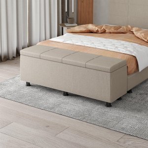 Baú Sapateira Estofada Queen Size 160 Cm Marte Linho Bege Skybox