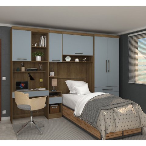 Guarda Roupa Solteiro Modulado com Escrivaninha Paris Luciane M01:azul