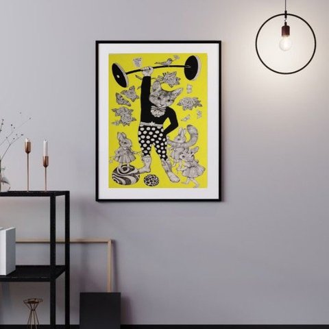 Quadro Vintage Gato Fisiculturista - 60x48cm:madeira Branca