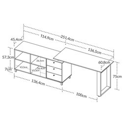 Escrivaninha Mesa Escritório e Home Office em L Home Office 3 Gavetas 4 Nichos 160,3cm Industrial Carvalho E Grafito E Branco - 7