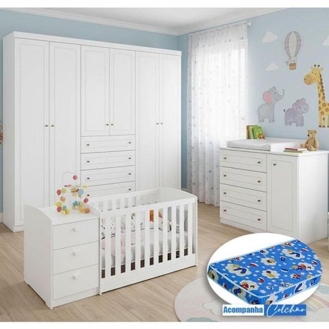 Quarto Infantil Americano 6 Portas com Berço Multifuncional Atlanta Ambiente Branco Fosco e Colchã