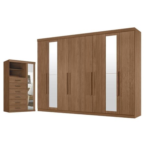 Guarda Roupa Casal Master New 8 Portas 4 Gavetas MDP com Espelho e Cômoda Marabá Jatobá Acetinado