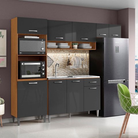 Cozinha Compacta Atenas com Balcão 120cm com Pia e Cuba Ghelplus Cinamomo Grafite Aramóveis