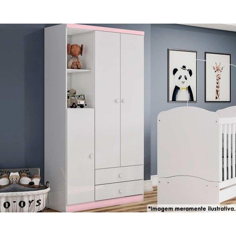 Guarda Roupa Infantil Bala de Menta C/ 3 Portas e 2 Gavetas Branco/rosa - Henn