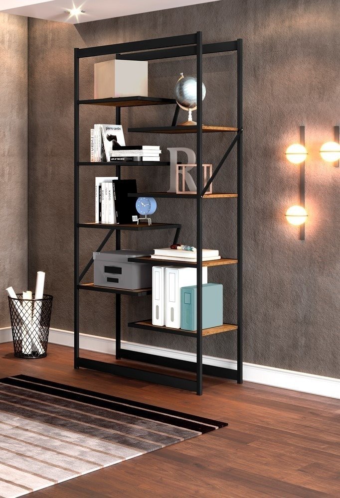Estante De Livros Innovare Industrial Com 8 Prateleiras - Preto/Canela ...