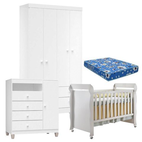 Quarto de Bebê 4 Portas Ternura Baby com Berço Mirelle Branco Brilho com Colchão para Berço American