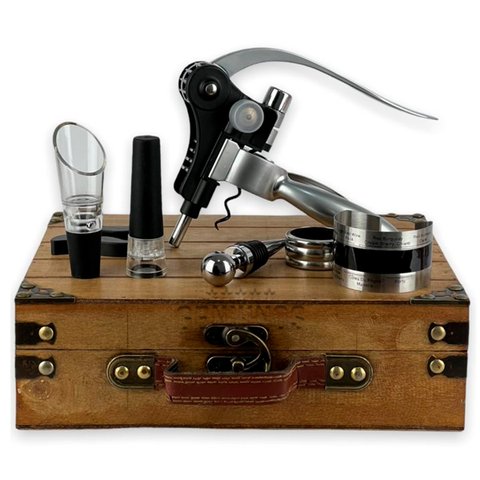 Kit Abridor de Vinho Profissional Saca Rolha com Acessórios e Estojo Madeira Rústica Clara