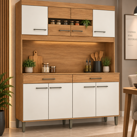 Cozinha Compacta Laura 120cm 8 Portas 2 Gavetas Cinamomo/Off White - Fellicci Móveis