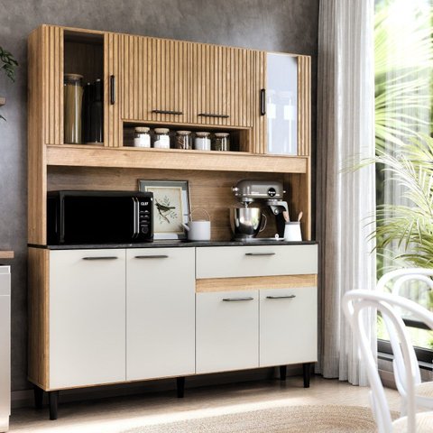 Kit Cozinha 120cm com Balcão e Aéreo Ripado Coral Off White