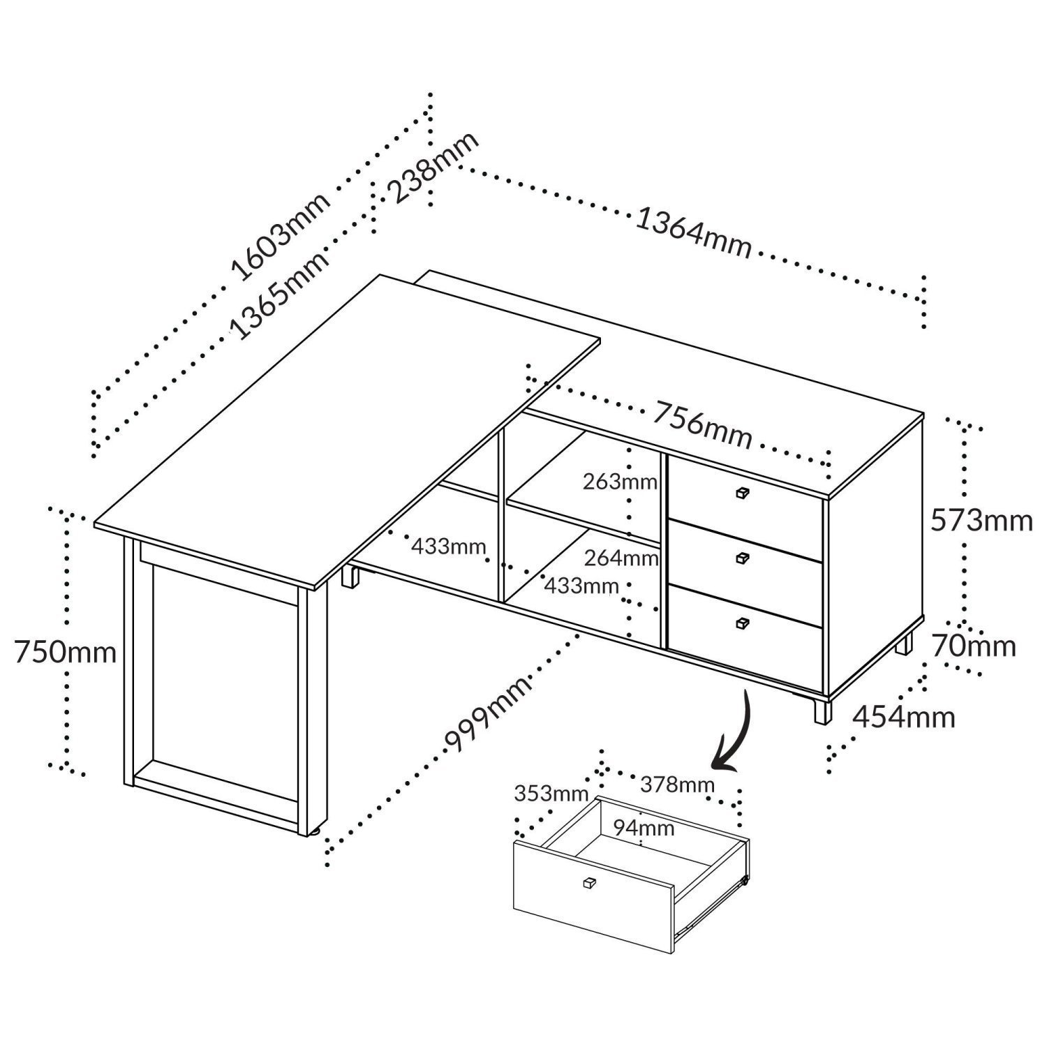 Escrivaninha Industrial para Escritório e Home Office em L 3 Gavetas 4 Nichos Home Office  - 5