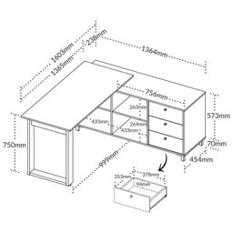 Escrivaninha Industrial para Escritório e Home Office em L 3 Gavetas 4 Nichos Home Office  - 5