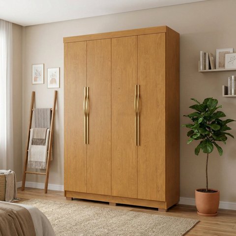 Guarda-Roupa Solteiro Monza 4 Portas 3 Gavetas 100% MDF Marrom/Cerejeira