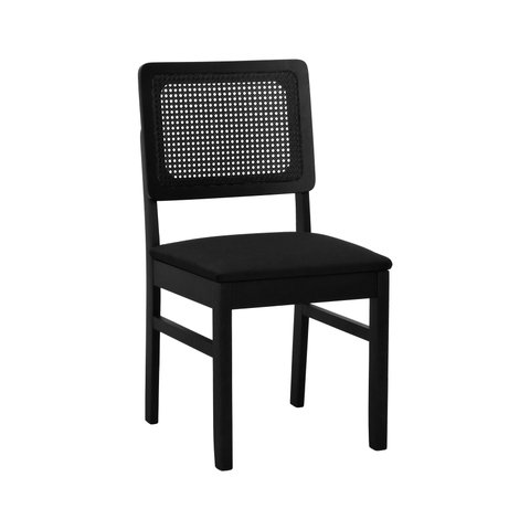 Cadeira Madeira Maciça Lyon Encosto Telinha - Preto Assento Estofado Linho Preto Textura