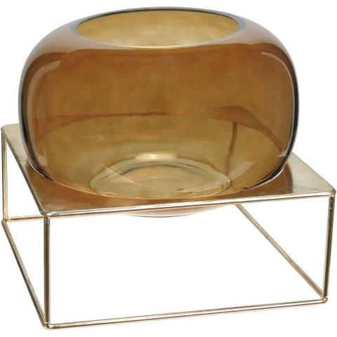 Vaso Decorativo Enfeite Casa Home&co com Suporte Metal Vidro 23x27x27cm Âmbar