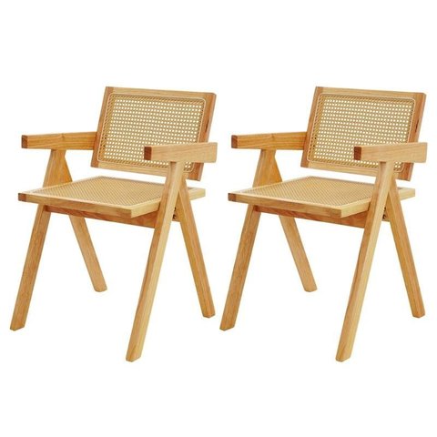 Kit 2 Cadeiras com Assento Encosto Rattan Base Cor Natural em Madeira
