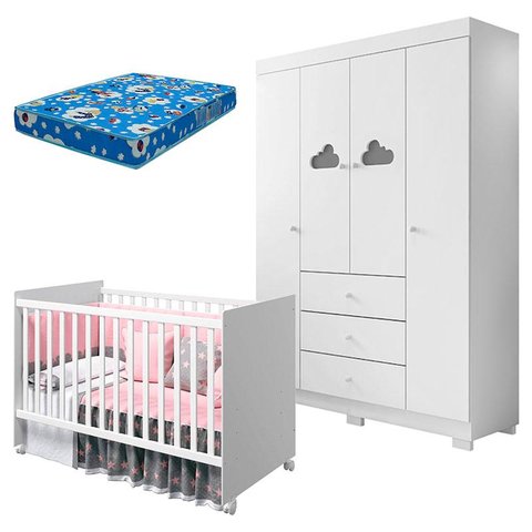 Berço Americano Tico e Guarda Roupa Infantil Ane Branco Brilho com Colchão Ortobom – Phoenix Baby