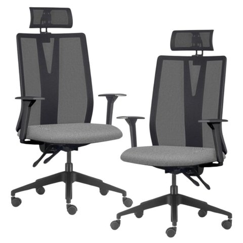 Kit 2 Cadeiras Escritório Giratória Presidente Flow F02 Base Preta Linho Cinza Escuro - Lyam Decor