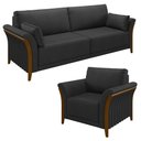 Ver imagem 1 de Kit Sofá Living 3 Lugares e Poltrona 102cm Pés Madeira Roya M22 PU Preto - Mpozenato