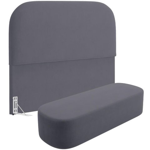 Cabeceira Cama Box Casal 140cm Lanna com Puff Recamier Doha W01 Suede Cinza - Lyam Decor