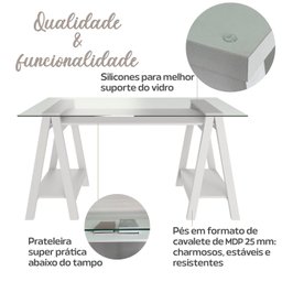 Escrivaninha com Tampo de Vidro e Pés em Cavalete 2 Prateleiras Elegante - 5