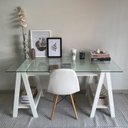 Ver imagem 6 de Escrivaninha Mesa Escritório com 2 Prateleiras 150cm Tampo de Vidro e Pés em Cavalete Elegante Branco