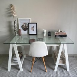 Escrivaninha com Tampo de Vidro e Pés em Cavalete 2 Prateleiras Elegante - 6