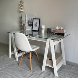 Escrivaninha com Tampo de Vidro e Pés em Cavalete 2 Prateleiras Elegante - 12