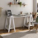 Ver imagem 1 de Escrivaninha Mesa Escritório com 2 Prateleiras 150cm Tampo de Vidro e Pés em Cavalete Elegante Branco