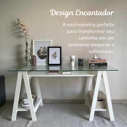 Escrivaninha com Tampo de Vidro e Pés em Cavalete 2 Prateleiras Elegante - 14