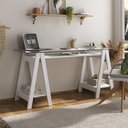 Ver imagem 1 de Escrivaninha Mesa Escritório com 2 Prateleiras 150cm Tampo de Vidro e Pés em Cavalete Elegante Branco Artany