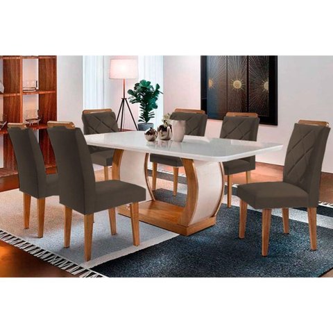Sala de Jantar Completa Jade Tampo Madeirado C/ Vidro Curvo 180x90 e 6 Cadeiras Melissa Capuccino/