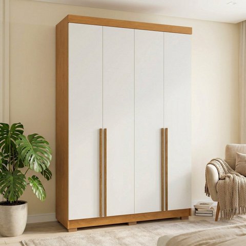 Guarda-Roupa Solteiro 4 Portas 2 Gavetas em MDF Lugano Off White/Cerejeira/Nevaska