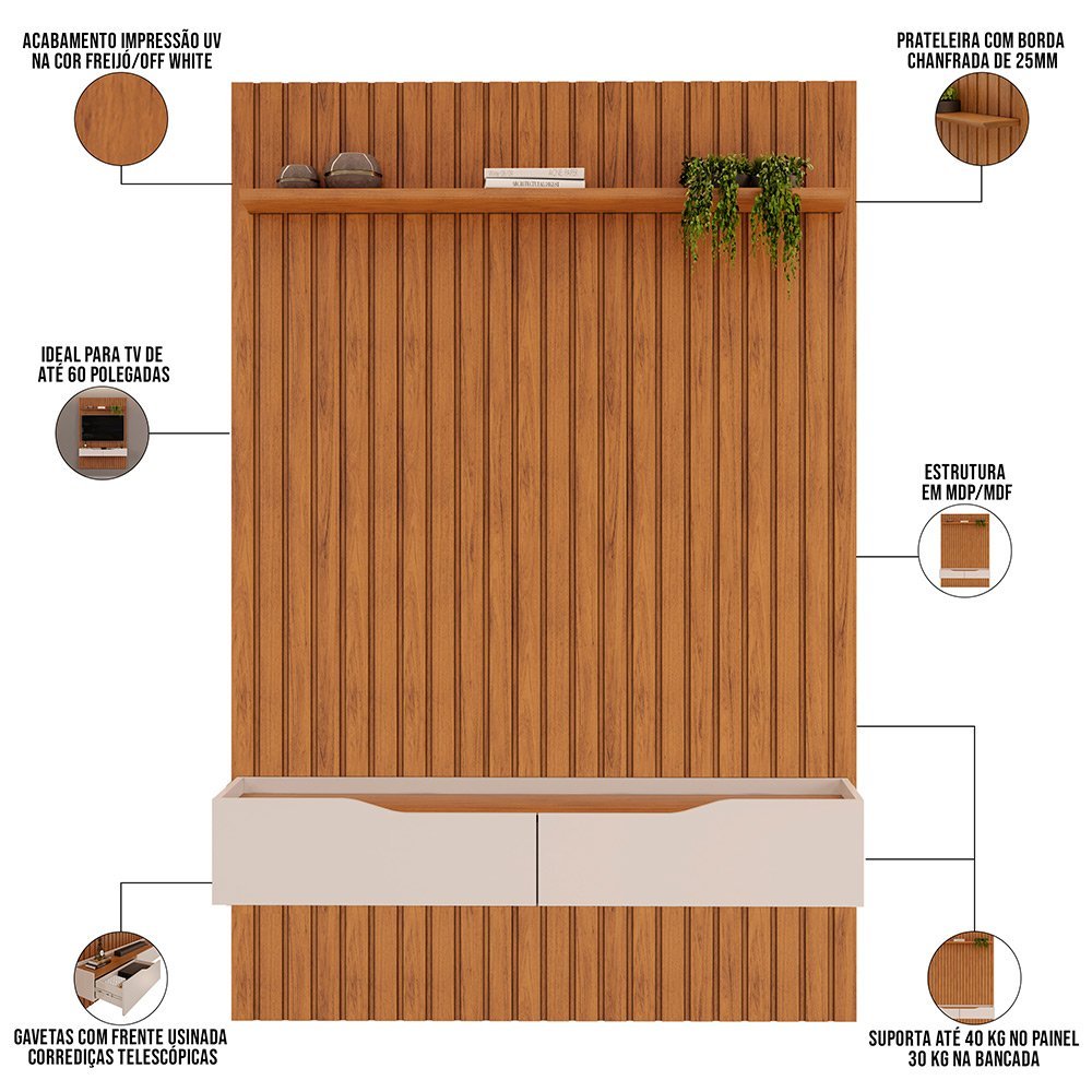 Painel Ripado para Sala Tv 60 Pol com Bancada Suspensa 143x212cm Facile D05 Freijó - Lyam Decor - 3