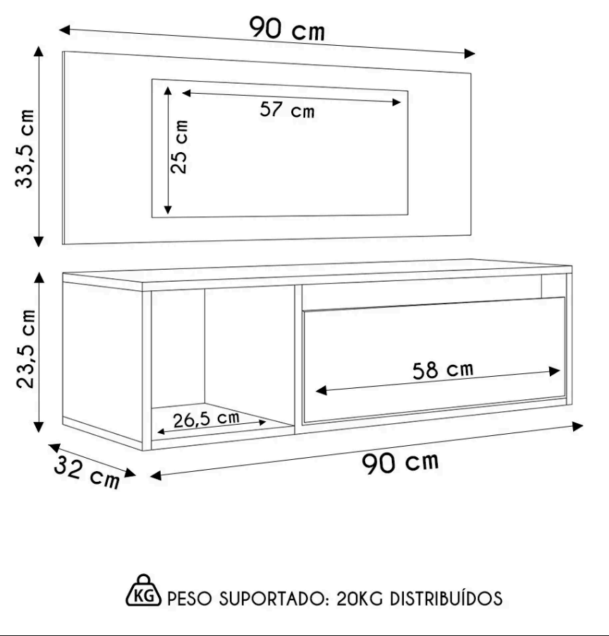 Penteadeira Camarim Maquiagem 1gaveta Espelho Suspensa 90cm:branco - 4