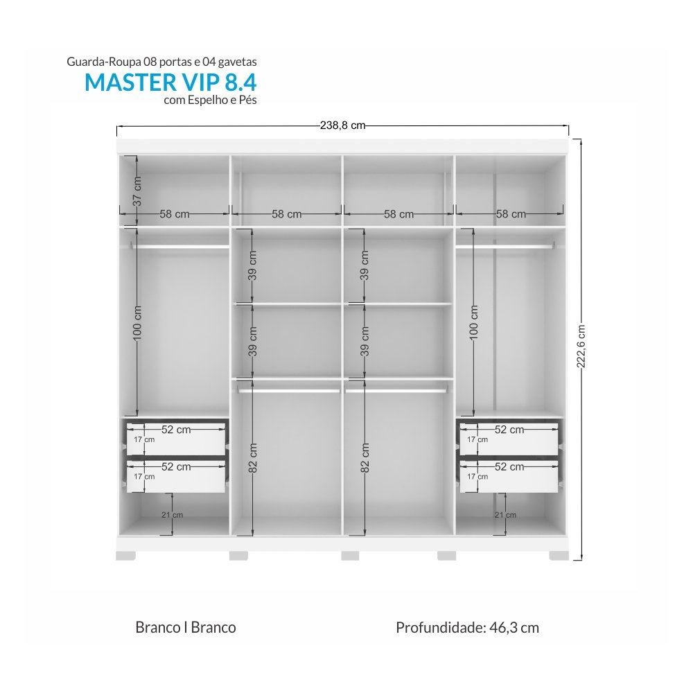 Guarda Roupa Casal 8 Portas 4 Gavetas Master Vip com Espelhos e Pés - 4